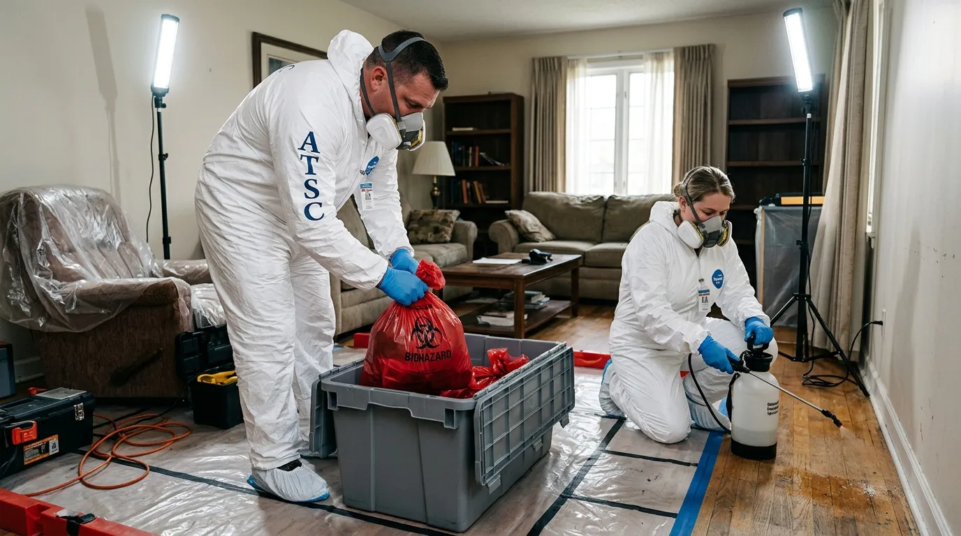 Professional Unattended Death Cleanup technician in full PPE working in Florissant
